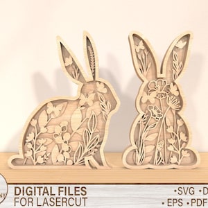 File di taglio laser pasquale Bunny SVG a strati, download digitale multistrato con coniglio floreale