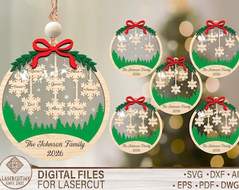 Family Snowflake Ornament SVG, Personalized Christmas Ornament, Laser Cut File Glowforge, Custom Name Snowflake, Layered Xmas Decor