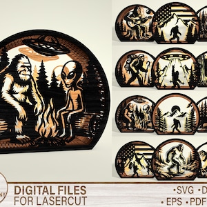 Bigfoot & Alien Lantern SVG , UFO Campfire Layered Light Box , Cryptid Forest Scene Laser Cut Files for Glowforge Cricut , UFO Decor