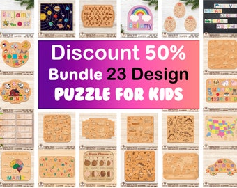 May include: A collage of 23 digital puzzle designs for kids. The puzzles feature various themes, including animals, letters, numbers, planets, and maps. The designs are in a cartoon style and are perfect for children of all ages.