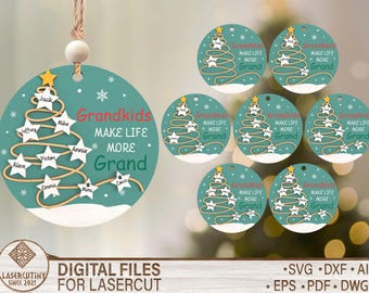 Personalized Grandkids Christmas Ornament SVG, Family Tree Laser Cut Design, Custom Name Xmas Decoration, Wooden Holiday Keepsake