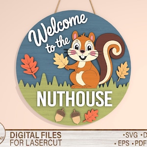 Welcome to the nuthouse door hanger SVG, Squirrel svg Nuthouse svg, Round door hanger svg, Glowforge laser file
