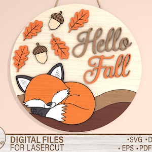 Hello Fall Fox Door Sign,  Welcome sign svg, Round door hanger svg, Fox door hanger SVG, Glowforge laser file