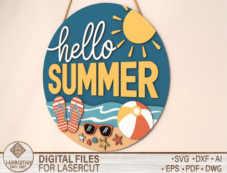 Hello Summer Door Hanger SVG Laser File, Glowforge Cut File, DIY Round ...
