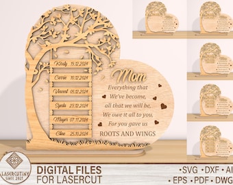 May include: A laser cut wooden heart-shaped plaque with a tree design and a message for Mom. The tree has a ladder with names and dates on each rung. The message reads "Mom Everything that We've become, all that we will be, We owe it all to you, For you gave us ROOTS AND WINGS".