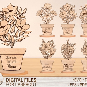 Fiori in vaso in piedi personalizzati per la mamma, regalo per la festa della mamma, piano di incisione SVG con taglio laser, regalo fai da te personalizzabile digitale, festa della mamma Svg