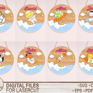 Letrero con nombre de bebé de animales en formato SVG, Estrella espacial en formato Svg, Letrero redondo con nombre para guardería, Bebé niño en formato Svg, Regalo para bebé, Archivo de corte láser Glowforge.