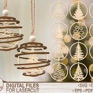 Può includere: Ornamenti natalizi in legno con un design a spirale e un albero di Natale all'interno. Gli ornamenti sono appesi a una corda. L'immagine mostra anche vari disegni di alberi di Natale in cornici circolari. Il testo "DIGITAL FILES FOR LASERCUT" è visibile.