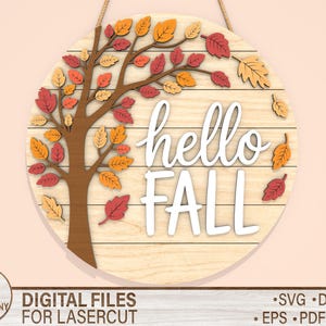 Hello Fall Sign SVG – Autumn Tree Door Hanger Laser Cut File, Glowforge laser file