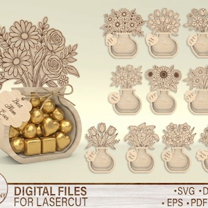 Op de afbeelding: Houten lasergesneden ontwerpen met bloemstukken in vazen, waarvan één ontwerp chocolade bevat en een label met de tekst "Best Mom Ever". De afbeelding bevat ook digitale bestandsformaten voor lasersnijden.
