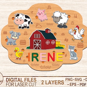 Custom Name Farm Animals Puzzle Laser Cut File, Svg,Dxf,Kids laser svg design,Children puzzle file,diy craft kits,Glowforge,Digital Download