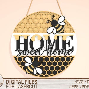 Home Sweet Home Geometryczny znak, Okrągły wieszak na drzwi svg, Plik wycinany laserowo Glowforge, Nowoczesny wzór znaku, Dekoracja drzwi w stylu wiejskim