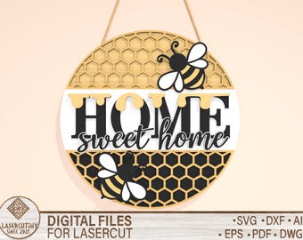 Home Sweet Home Geometric Sign, Round door hanger svg, Glowforge laser cut file, Modern pattern sign, Farmhouse door decor