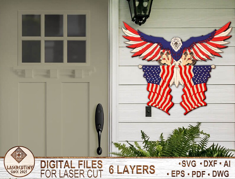 May include: A laser cut design of an American bald eagle holding two American flags. The design is made up of six layers and is available in SVG, DXF, AI, EPS, PDF, and DWG formats.