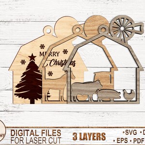 May include: Three-layer laser cut wooden ornament featuring a barn with a Christmas tree, a horse, a cow, a pig, and a chicken. The top layer has the text "Merry Christmas" and a windmill.