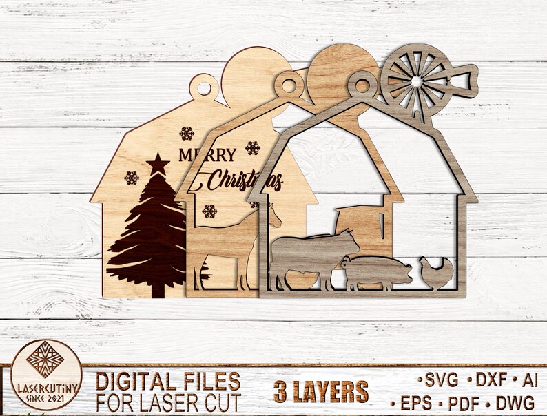 May include: Three-layer laser cut wooden ornament featuring a barn with a Christmas tree, a horse, a cow, a pig, and a chicken. The top layer has the text "Merry Christmas" and a windmill.