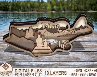 11 gelaagde Largemouth Bass Fish - Vissen Landscape Art Decor, Glowforge bestanden, Largemouth Bass Fish SVG, Pdf, Ai, dxf, eps, DWG - Multilayer
