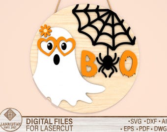 Cute Halloween Ghost Door Hanger Svg, Cute spooky svg laser cut file, Halloween Decor, Glowforge Cut Files Svg