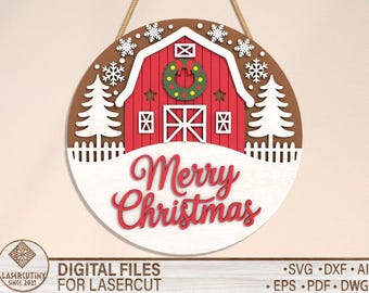 Farmhouse Holiday Decor Laser Cut Files, Merry Christmas Barn SVG , Glowforge Laser Cut Files