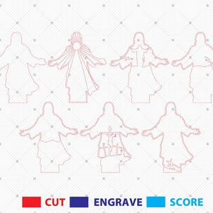 Pu&ograve; includere: Sei diversi disegni di contorno di Ges&ugrave; con le braccia aperte. I disegni sono in contorno rosso su sfondo bianco.