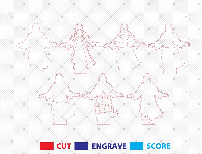 Pu&ograve; includere: Sei diversi disegni di contorno di Ges&ugrave; con le braccia aperte. I disegni sono in contorno rosso su sfondo bianco.