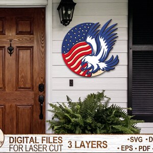 May include: A three-layer laser cut design of an American bald eagle with wings spread, holding the American flag in its talons. The design is in red, white, and blue colors and is suitable for a patriotic home decor project.