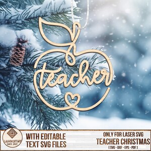May include: Wooden apple ornament with the word "teacher" written in a cursive font. The ornament has a small heart at the bottom and is designed for laser cutting.