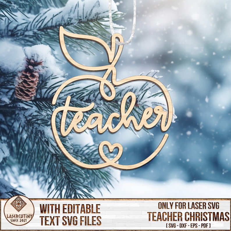 May include: Wooden apple ornament with the word "teacher" written in a cursive font. The ornament has a small heart at the bottom and is designed for laser cutting.