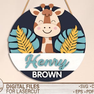 May include: A round wooden sign with a blue background and a white border. The sign features a cartoon giraffe with brown spots and a yellow and blue tropical leaf design. The name "Henry Brown" is written in a white cursive font.