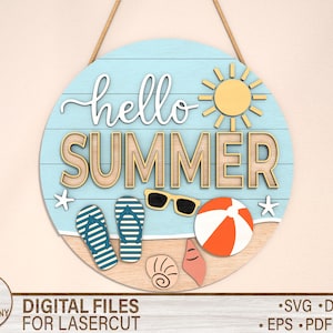 Letrero de chanclas "Hola Verano", descarga digital, archivo de corte láser Glowforge, Cricut, colgador de puerta redondo SVG, letrero de bienvenida de verano, letrero de playa SVG