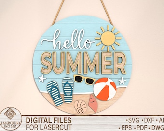 Hello Summer Flip Flop Sign, Digital download, Glowforge laser cut file, Cricut, Round door hanger svg, Summer welcome sign, Beach sign svg