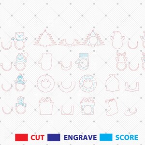 May include: A collection of Christmas-themed laser cut designs, including snowmen, bears, Christmas trees, mittens, wreaths, gift boxes, stockings, and Santa's bag. The image also includes color-coded text indicating cut, engrave, and score options.