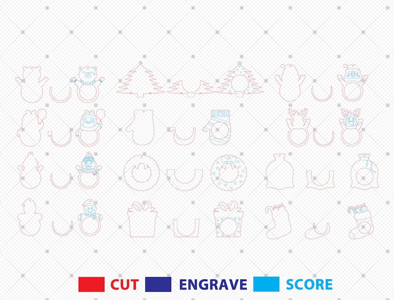 May include: A collection of Christmas-themed laser cut designs, including snowmen, bears, Christmas trees, mittens, wreaths, gift boxes, stockings, and Santa's bag. The image also includes color-coded text indicating cut, engrave, and score options.