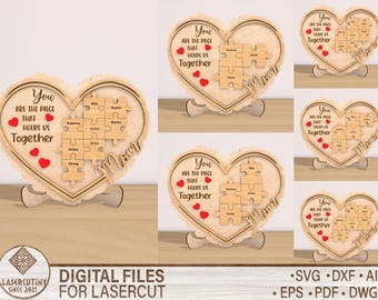 May include: A digital download of a laser cut design for a heart-shaped puzzle with the text "You are the piece that holds us together". The puzzle is made up of 10 pieces, each with a name on it. The design is perfect for a family or group of friends.