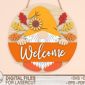 Welcome Gnome Sign SVG – Fall Gnome Door Hanger – Autumn Laser Cut File with Leaves and Sunflower