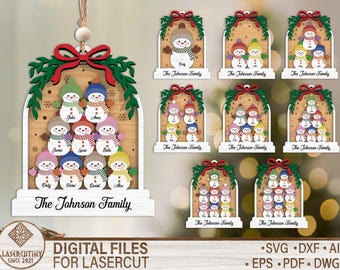 Personalized Snowman Family Christmas Ornament SVG, Custom Family Name Snowmen Laser Cut File, Glowforge Holiday Decor Wood Gift