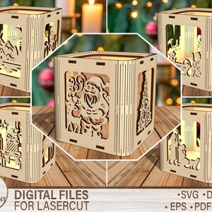 May include: A collection of wooden Christmas-themed lanterns with intricate cut-out designs. Each lantern features a different holiday scene, including Santa Claus, a Christmas tree, and a nativity scene. The lanterns are illuminated from within, creating a warm glow.