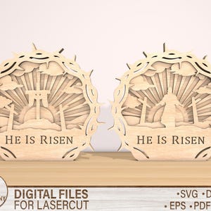 Fichier de coupe tombe de scène de Pâques, Pâques ressuscité, Pâques religieux découpé au Laser, fichier numérique en couches croix de Jésus, Svg il est ressuscité, Glowforge