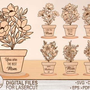 Flores y jarrón para el Día de la Madre en formato SVG, archivo de corte láser 3D, ramo de flores silvestres, regalo de flores grabadas para mamá, regalo de cumpleaños, descarga digital