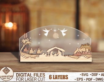 6 Geschichtete Krippe Art Decor, Weihnachtskrippe Kunststück für Glowforge, christliche SVG, vermisste verlorene geliebte SVG, Laser bereit geschnitten Datei