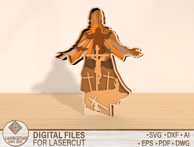 Pu&ograve; includere: Design tagliato al laser di Ges&ugrave; Cristo sulla croce con un raggio di sole alle sue spalle. Il design &egrave; in legno ed &egrave; adatto per progetti di artigianato.