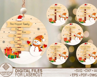 Snowman Family Ornament SVG, Personalized Christmas Sign Ornament, Custom Family Name Laser Cut File, Glowforge File Cricut SVG