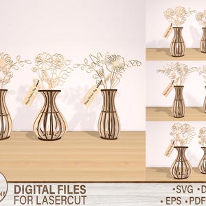Archivo cortado con láser de ramo de flores silvestres, flores de madera SVG, jarrón de madera SVG, paquete SVG de flores silvestres, jarrón de flores 3D SVG, regalo para mamá
