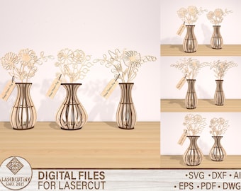 Wild Flowers Bouquet laser cut file, Wood Flowers Svg, Wood Vase Svg, Wildflowers SVG Bundle, 3d flowers vase svg, Gift for mom