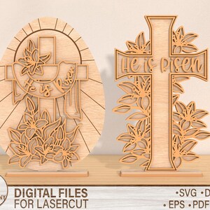 Easter Shelf Sitter SVG, Decoração de Páscoa SVG, Ovo de Páscoa SVG, Ele ressuscitou SVG, Arte da cruz de Jesus SVG, Arquivos SVG Glowforge, Arquivos cortados a laser