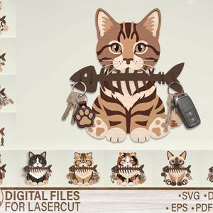 May include: Wooden cat-shaped key holder with a fishbone design. The cat is brown and tan with a striped pattern. It holds a fishbone with keys and a car remote attached. The image also shows other cat designs and the text "DIGITAL FILES FOR LASERCUT".
