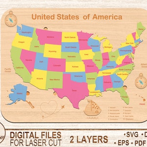 United States of America Map Puzzle Laser Cut File,Svg,Dxf,Kids laser svg design,Children puzzle file,diy craft kits,Glowforge