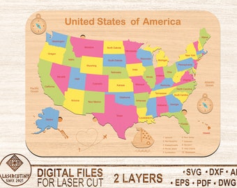 United States of America Map Puzzle Laser Cut File,Svg,Dxf,Kids laser svg design,Children puzzle file,diy craft kits,Glowforge