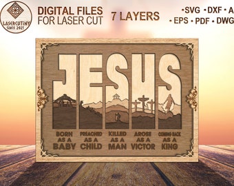 7 überlagerte Jesus Art Decor, christliches Kunststück für Glowforge, Glaube SVG, Glaube Kreuz SVG, Ostern SVG, religiöse SVG, Laser-Ready-Cut-Datei