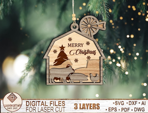 Multilayer Christmas Farm Ornament - Glowforge SVG files - Christmas Gift - Farm Animals SVG - Laser Ready Cut File